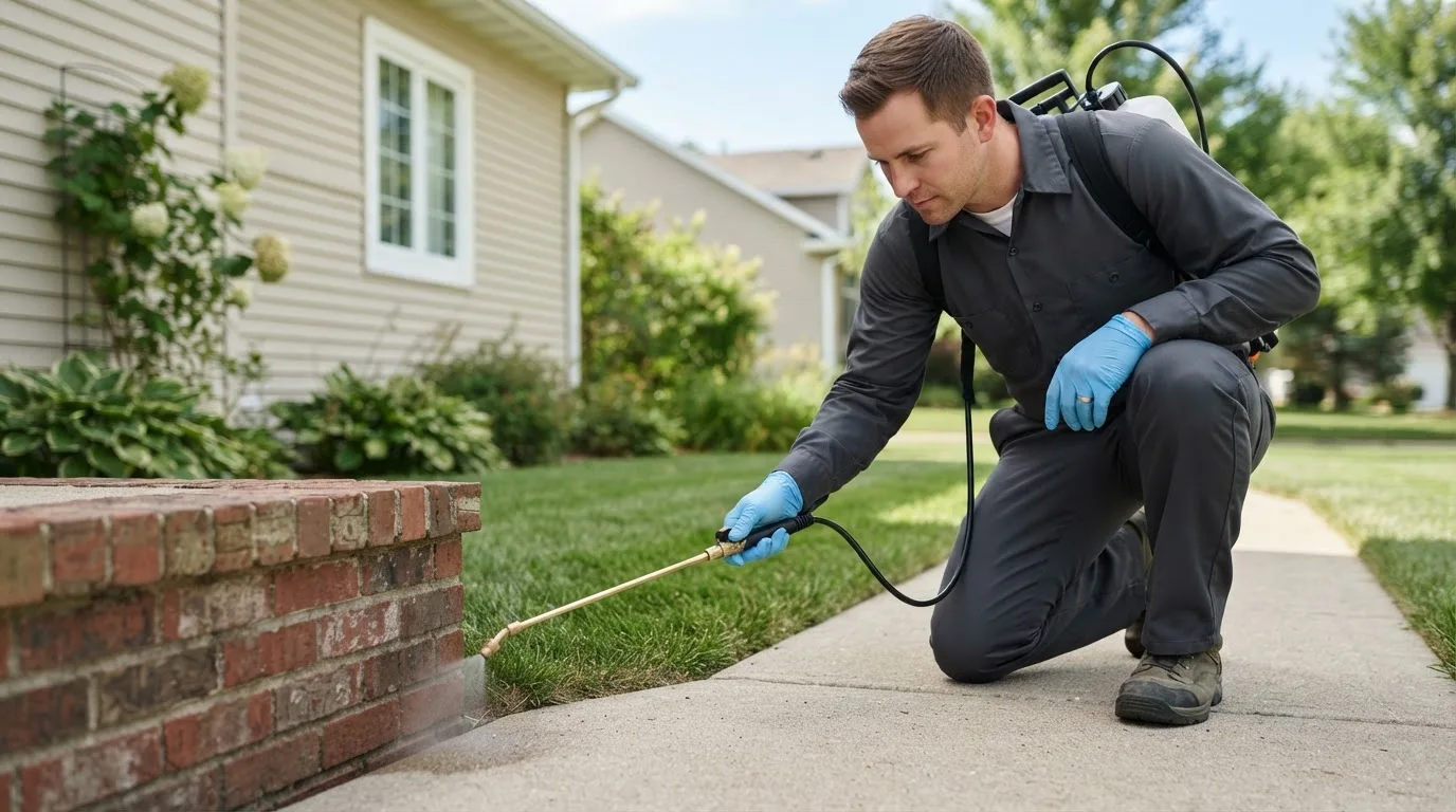 Pest control technician treating a home near Pecos, NM
